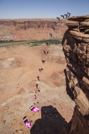 A composite image of Steph Davis Base jumping from a cliff above the Green River in Southern Utah. Photo: Chris Noble